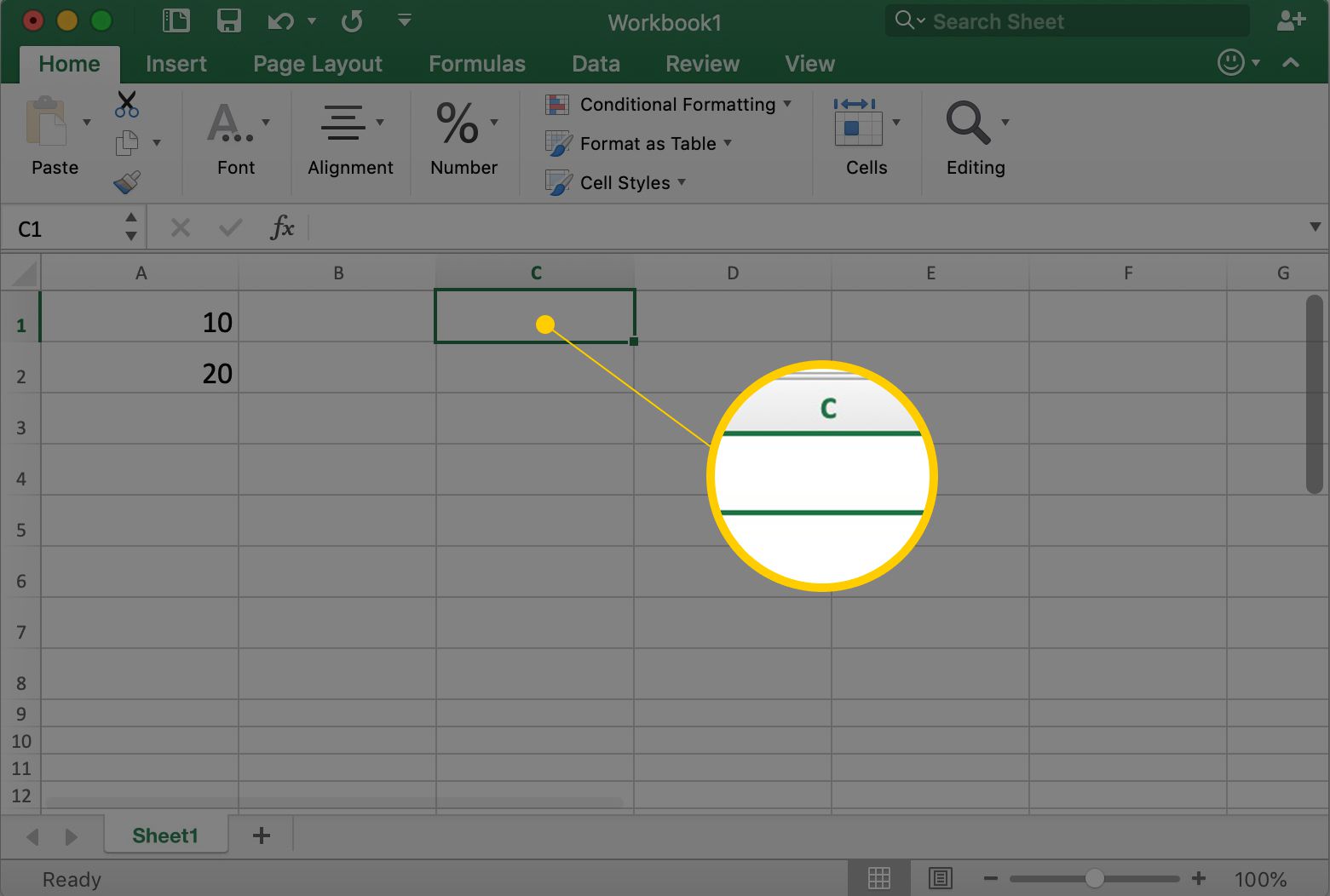 Excel näyttää valitun solun C1