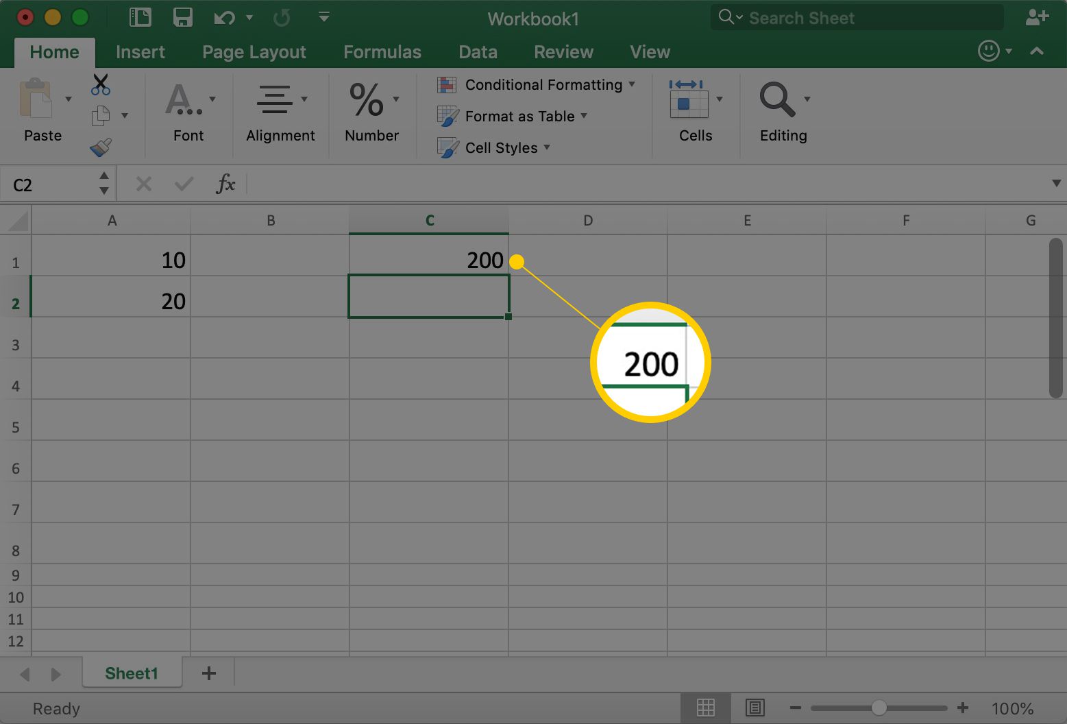 Excel näyttää solun A1, jossa on numero 200