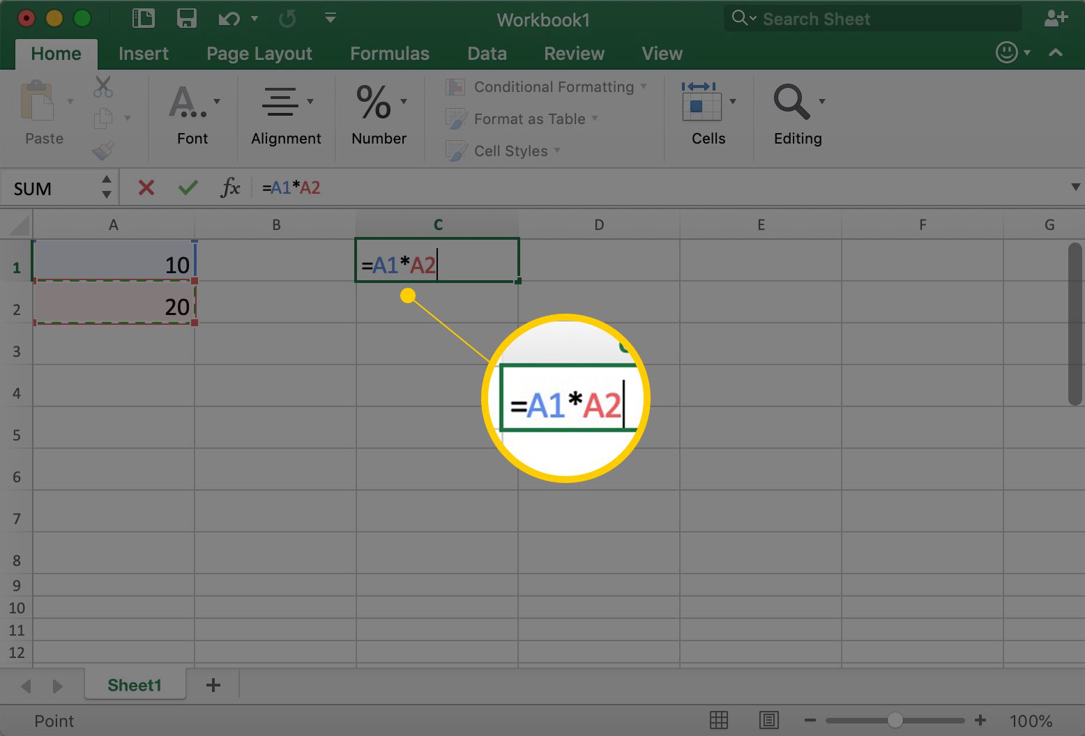 Excel näyttää solun C1, jossa on =A1*A2