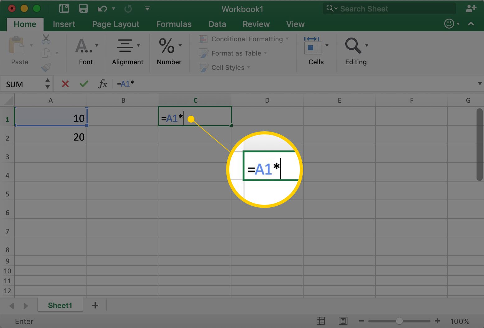 Excel näyttää solun C1, jossa on =A1*