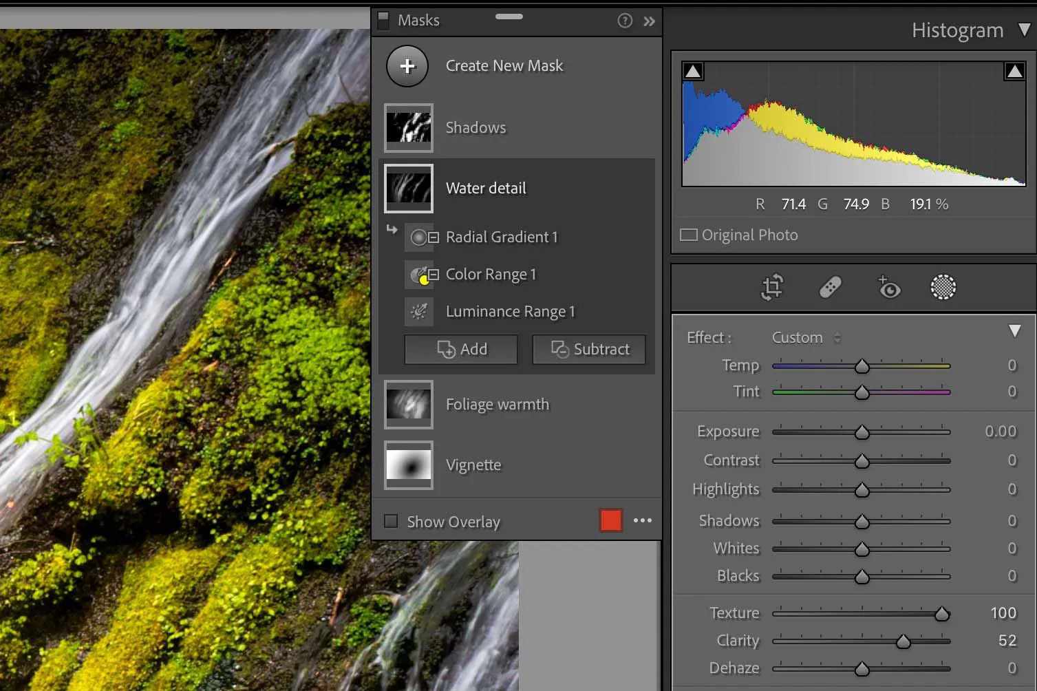Muokkaa vesiputouskuvan vesiyksityiskohtia Lightroomissa