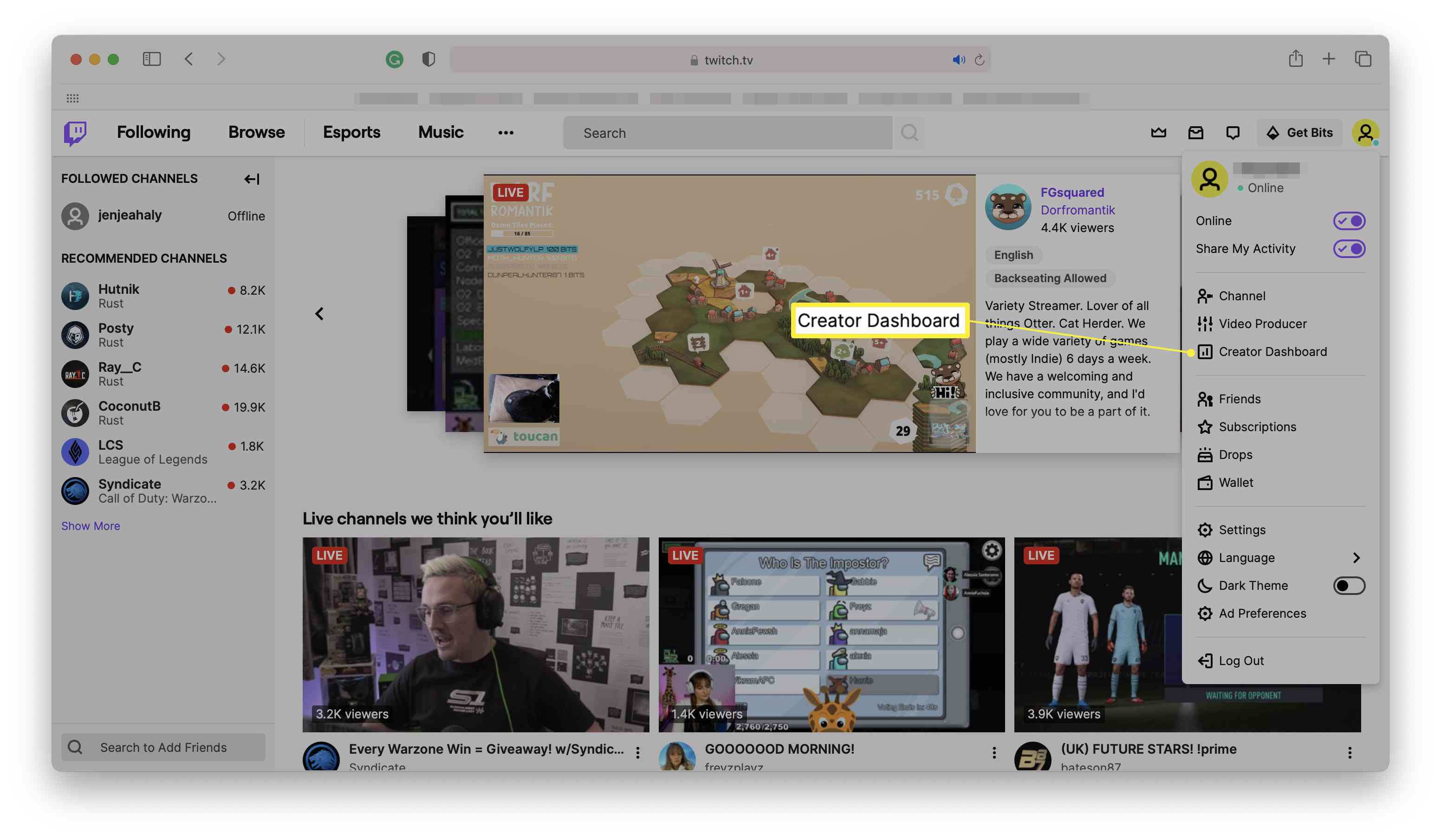 Twitch-kotisivu profiilivaihtoehdoilla auki 