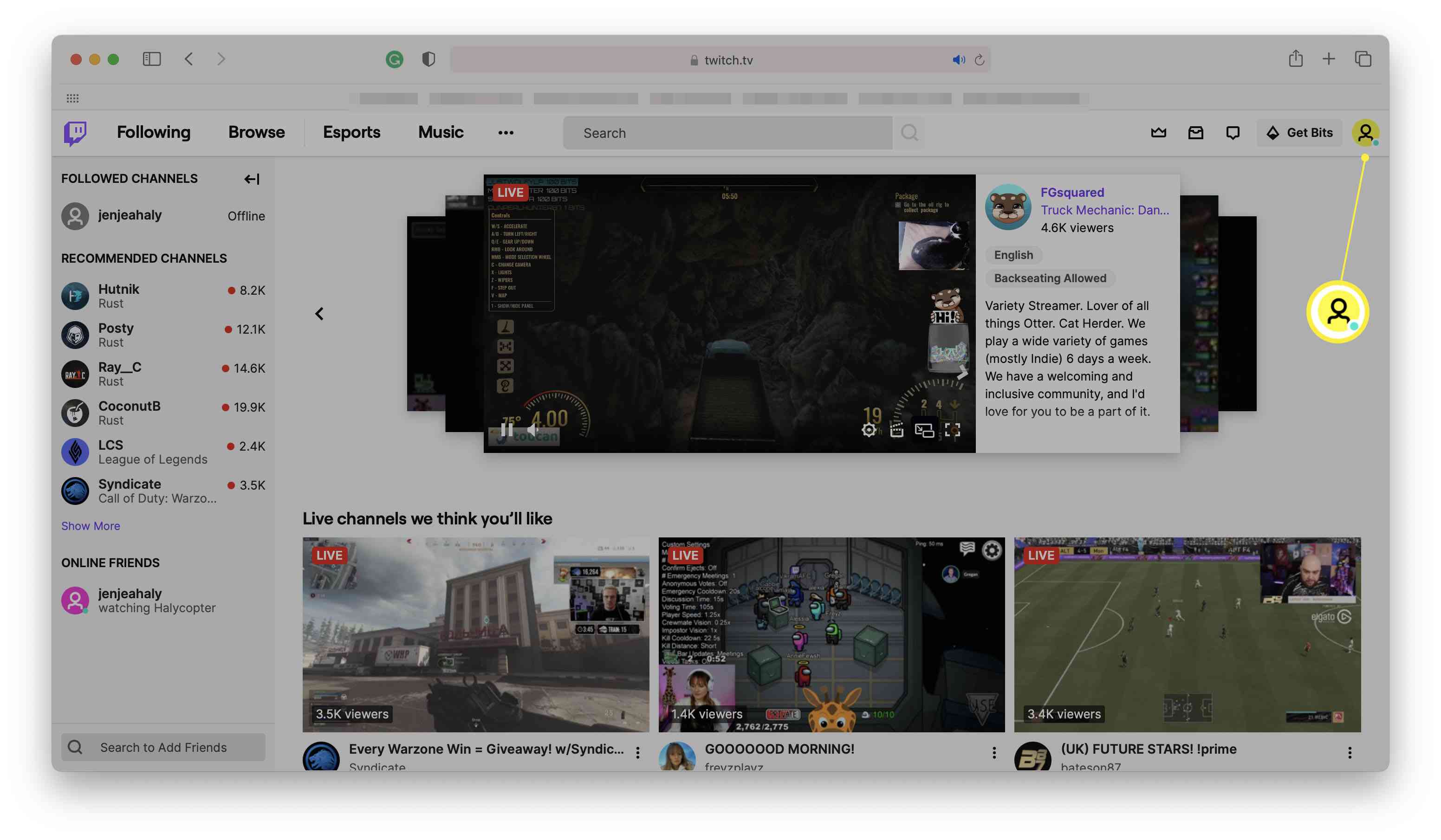 Twitch-kojelauta, jossa profiilikuva korostettuna