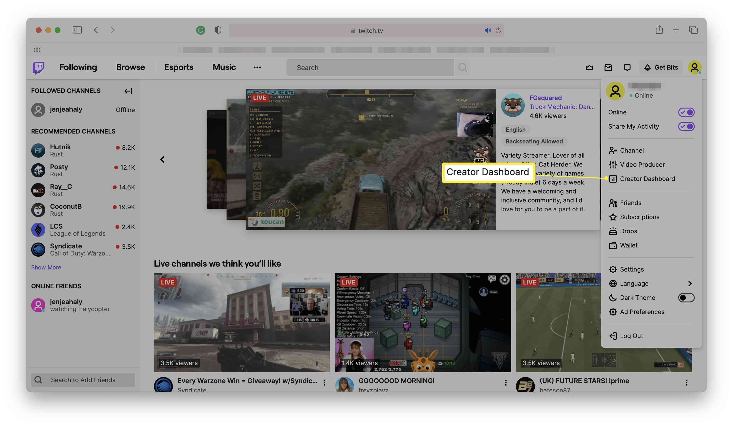 Twitch-etusivu, jossa Creator Dashboard on korostettuna