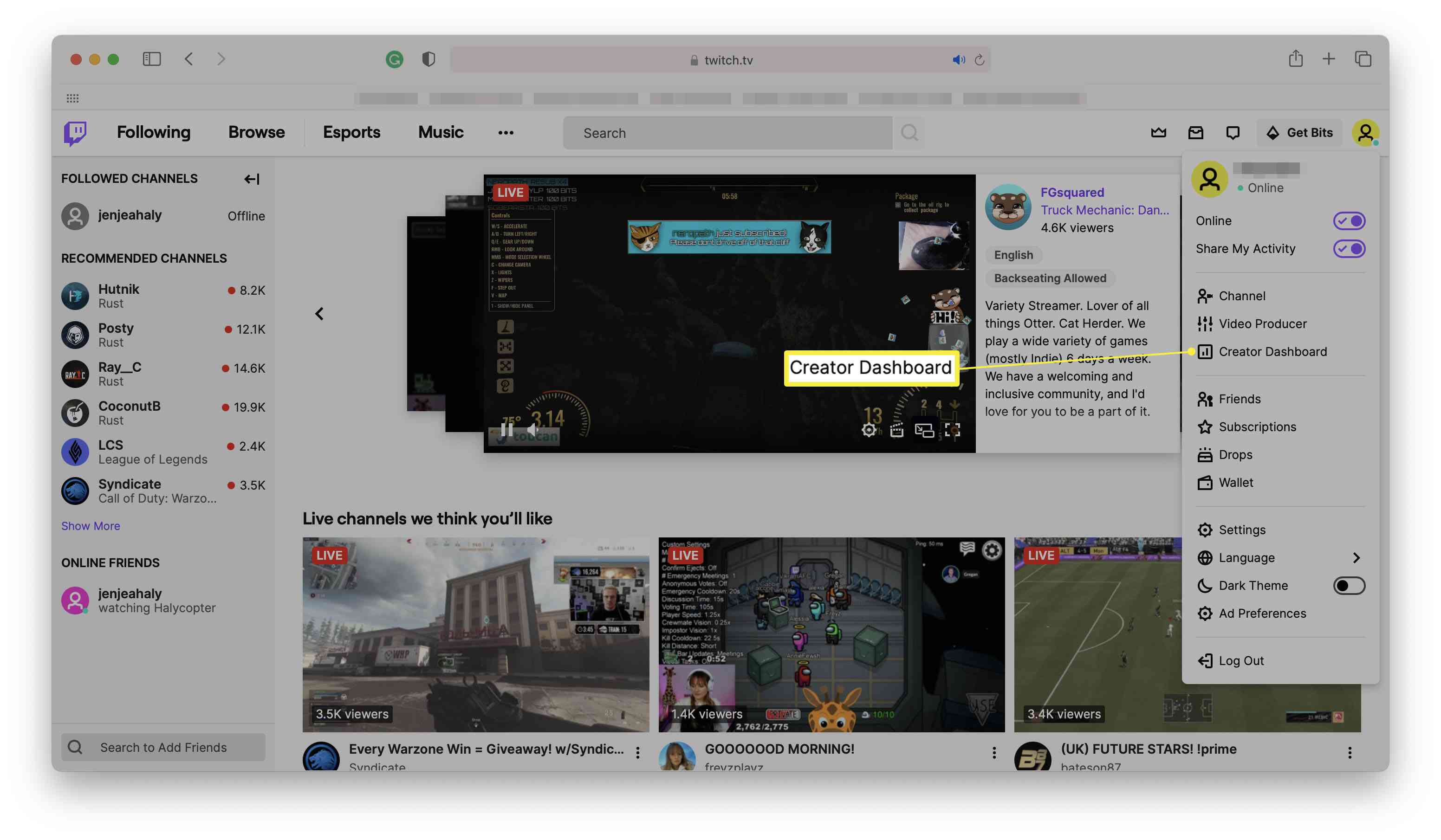 Twitch-etusivu, jossa Creator Dashboard on korostettuna