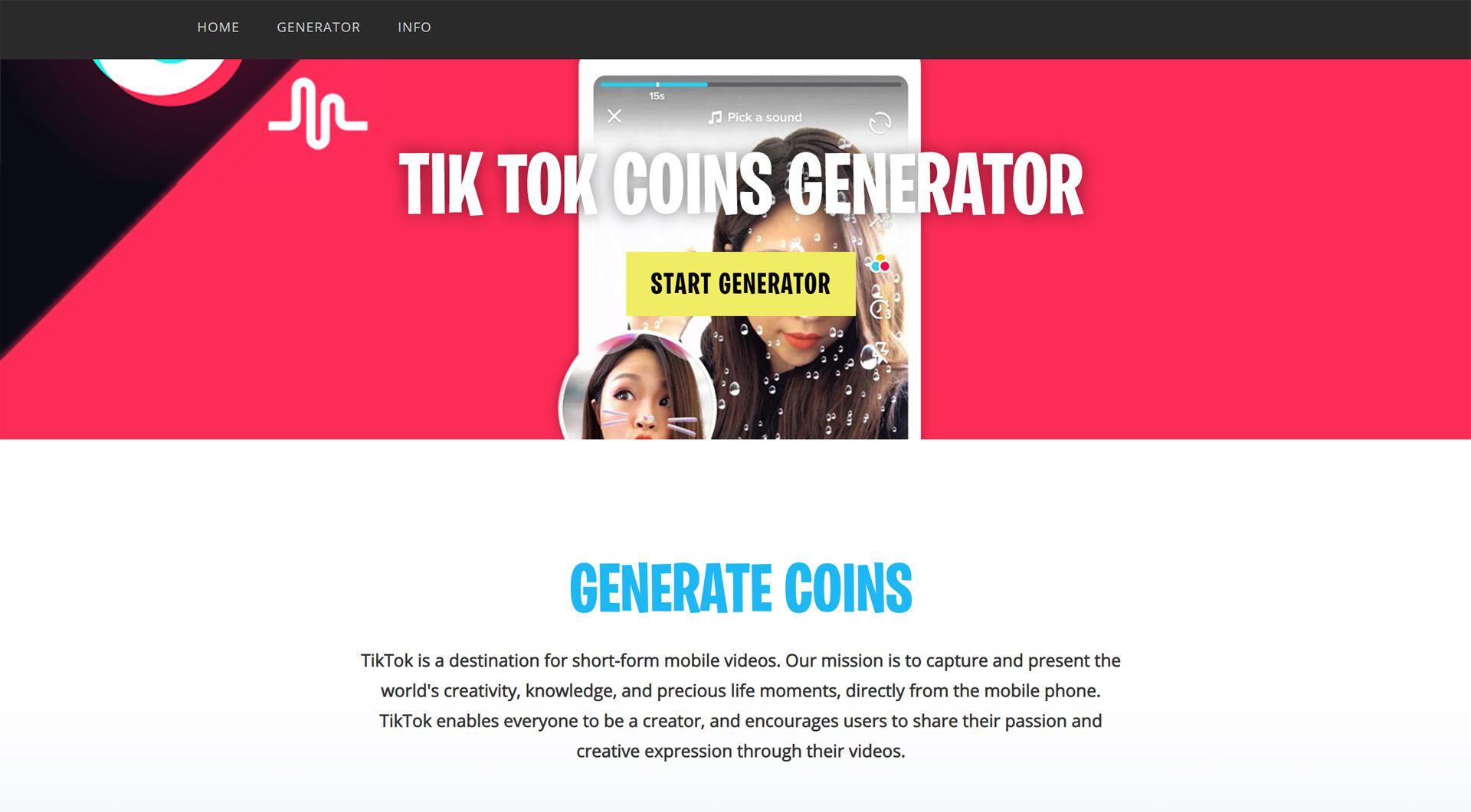 TikTokCoins.club Generator -verkkosivusto.