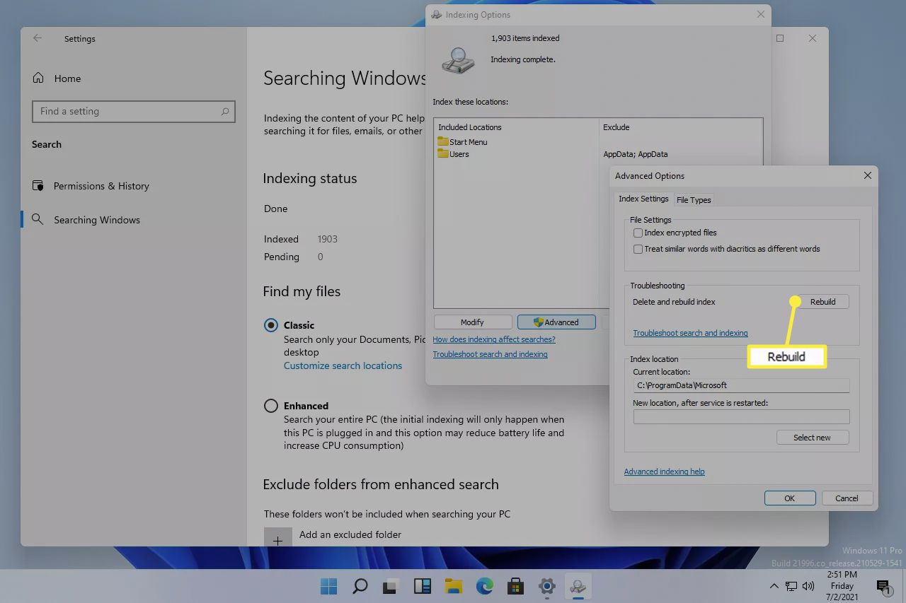 Indeksointi ja lisäasetukset Windows 11:ssä