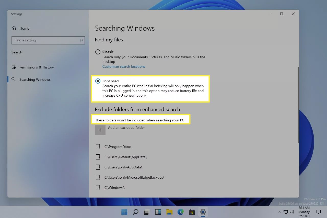 Etsi parannettu Windows-vaihtoehto valittuna