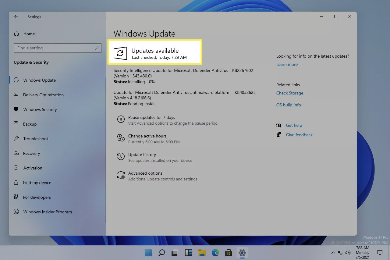 Windows-päivitykset saatavilla -viesti Windows 11:ssä 