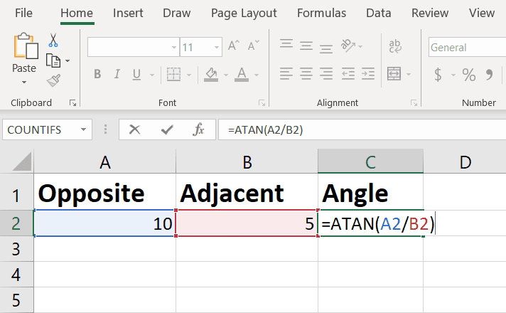 Esimerkki Arctangent-funktion käytöstä Excelissä