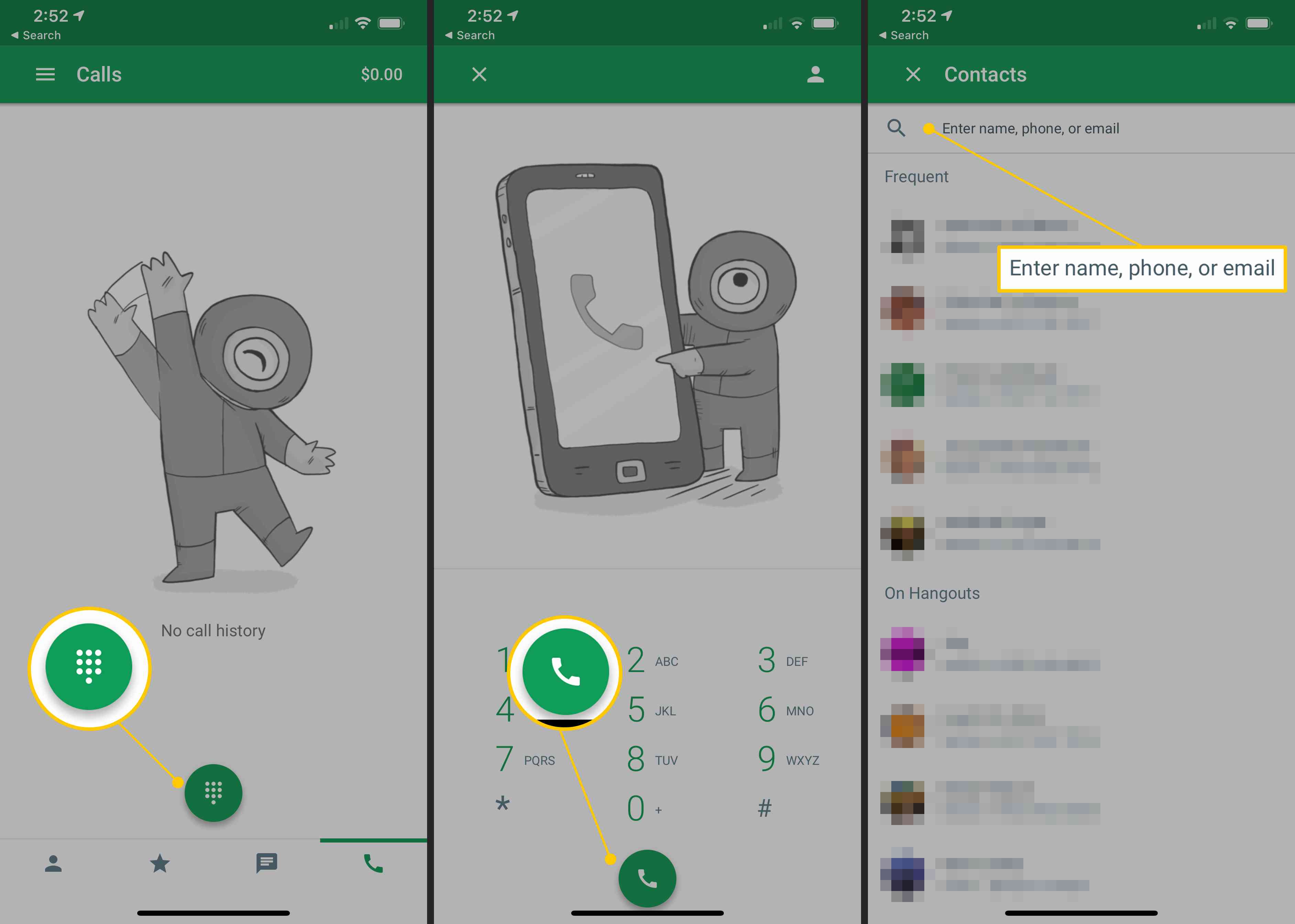 Soitto, puhelukuvake, yhteystietohaku Hangouts-mobiilisovelluksessa iOS:ssä
