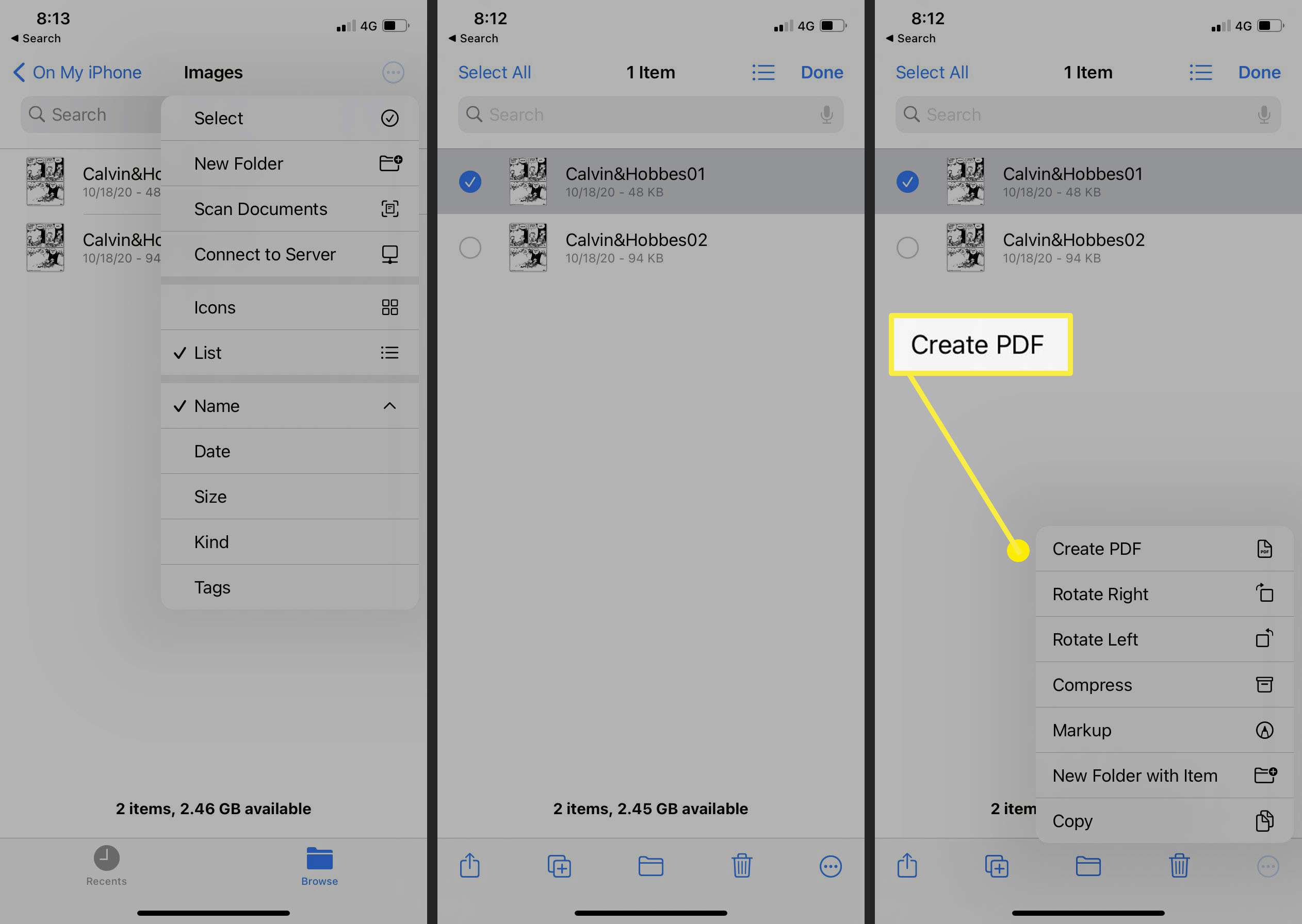 Tiedostot-sovelluksen käyttäminen iOS 14:ssä JPG:n muuntamiseen PDF-muotoon.