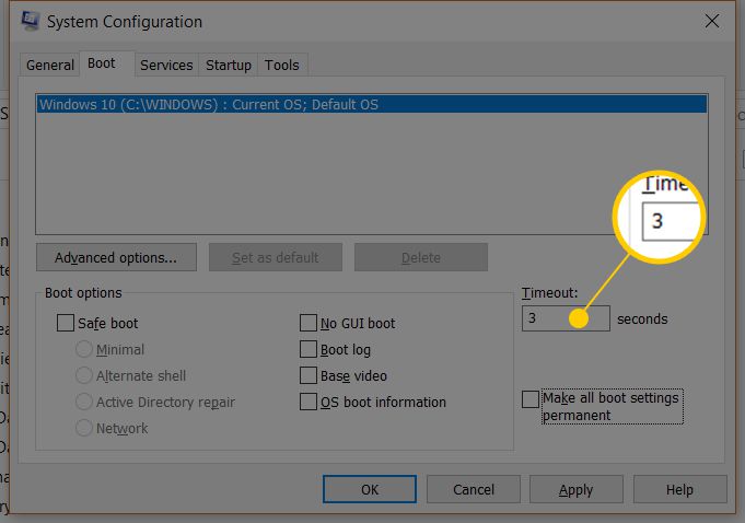 Aikakatkaisuksi on asetettu 3 sekuntia System Configurationin Boot-välilehdellä