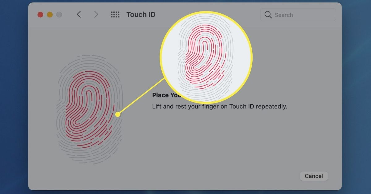 Sormenjäljen rekisteröintiprosessi Touch ID -asetuksissa