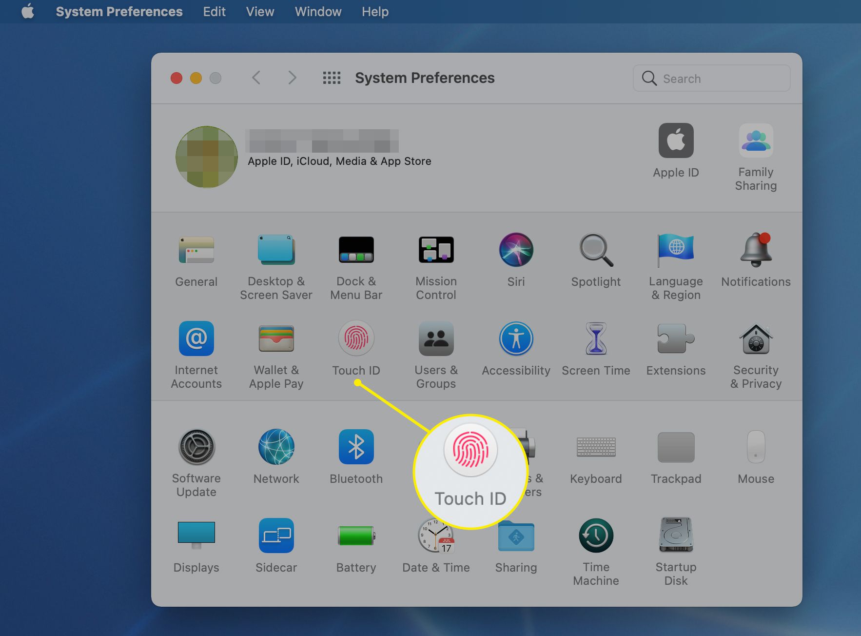Touch ID korostettuna macOS:n järjestelmäasetuksissa