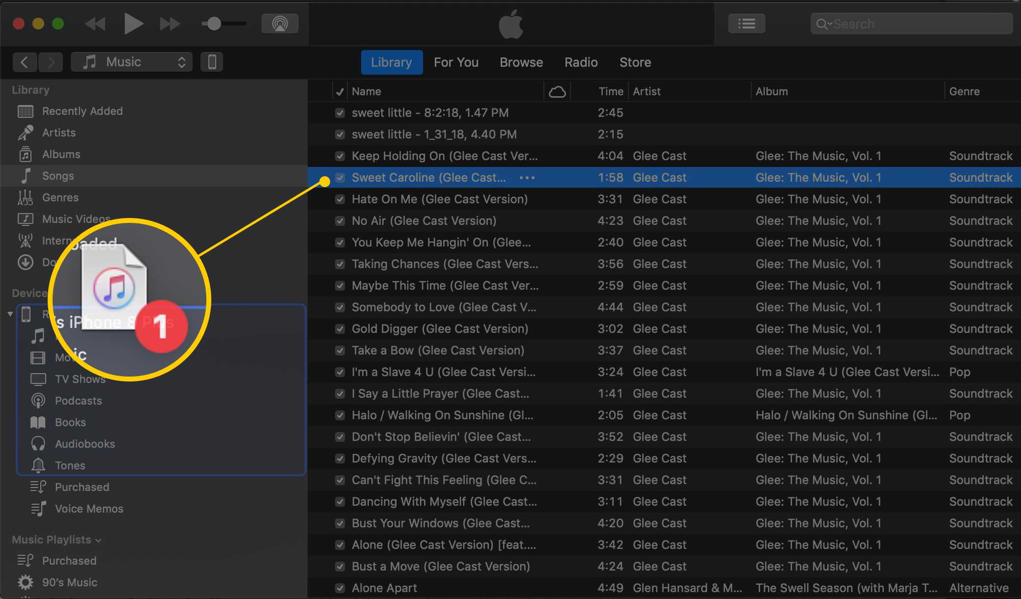 Vedä yksittäinen kappale iTunesin kappaleikkunasta iPhone-kuvakkeeseen macOS iTunesin vasemmassa ruudussa
