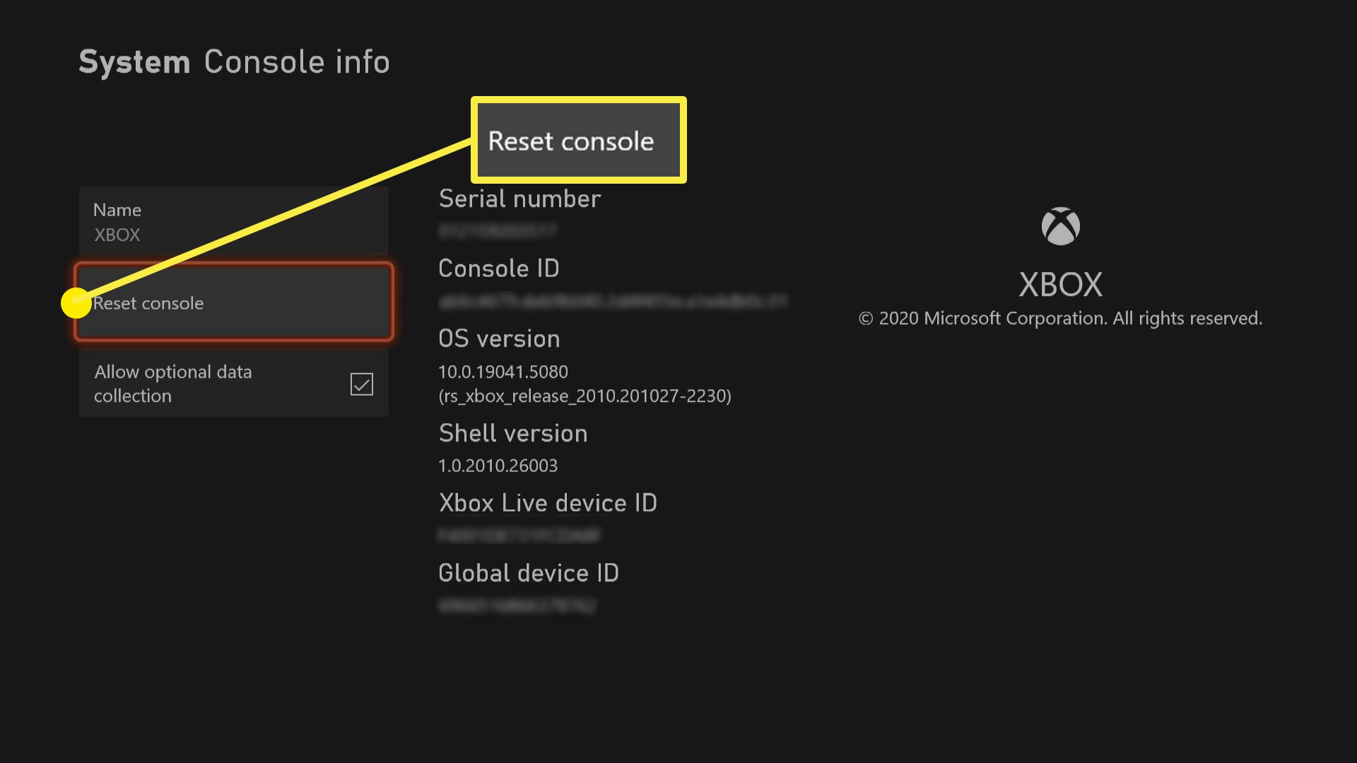 Kuvakaappaus Xbox Series X/S:n järjestelmäkonsolin tiedoista.