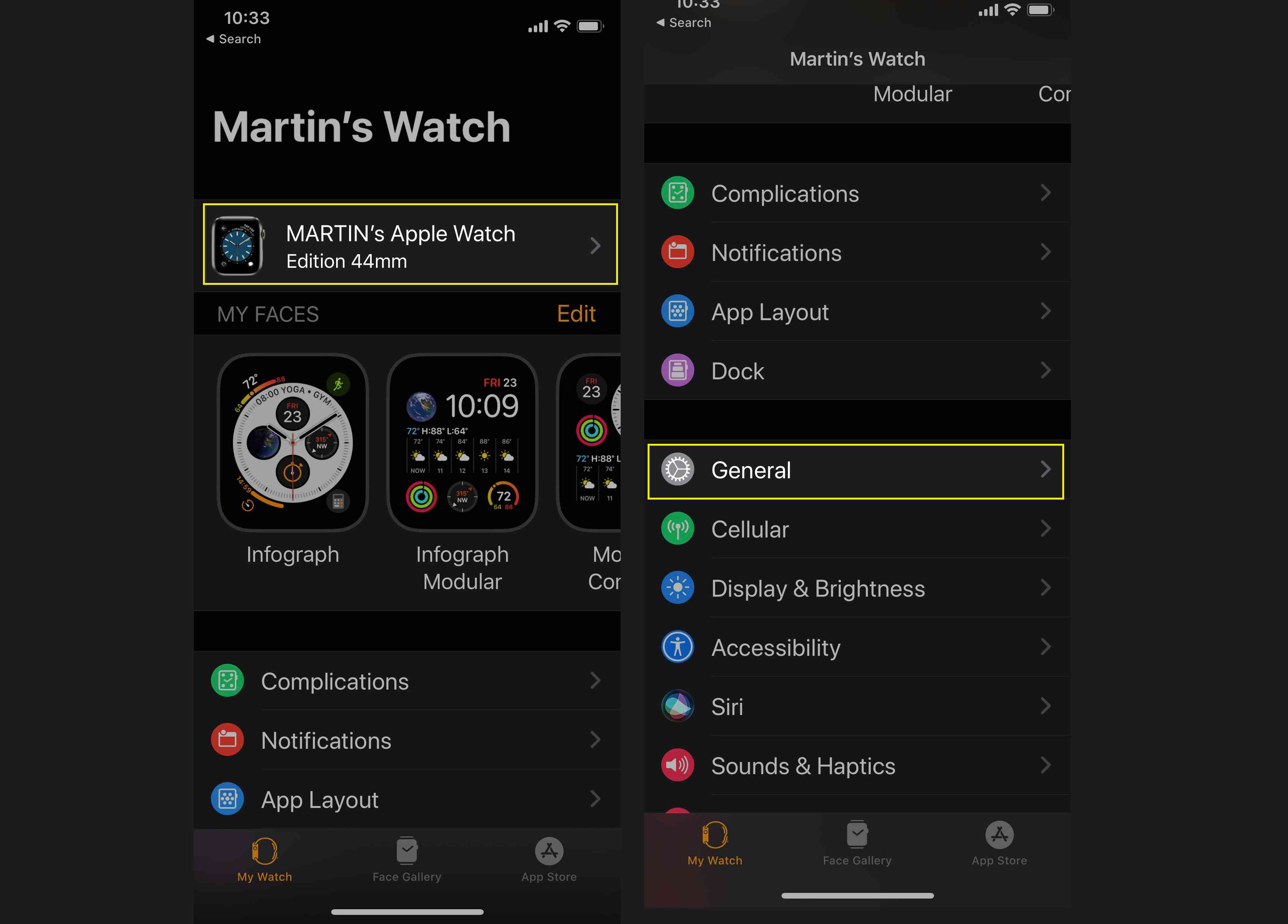Avaa Apple Watch -sovellus ja valitse laitteesi ja sitten Yleiset