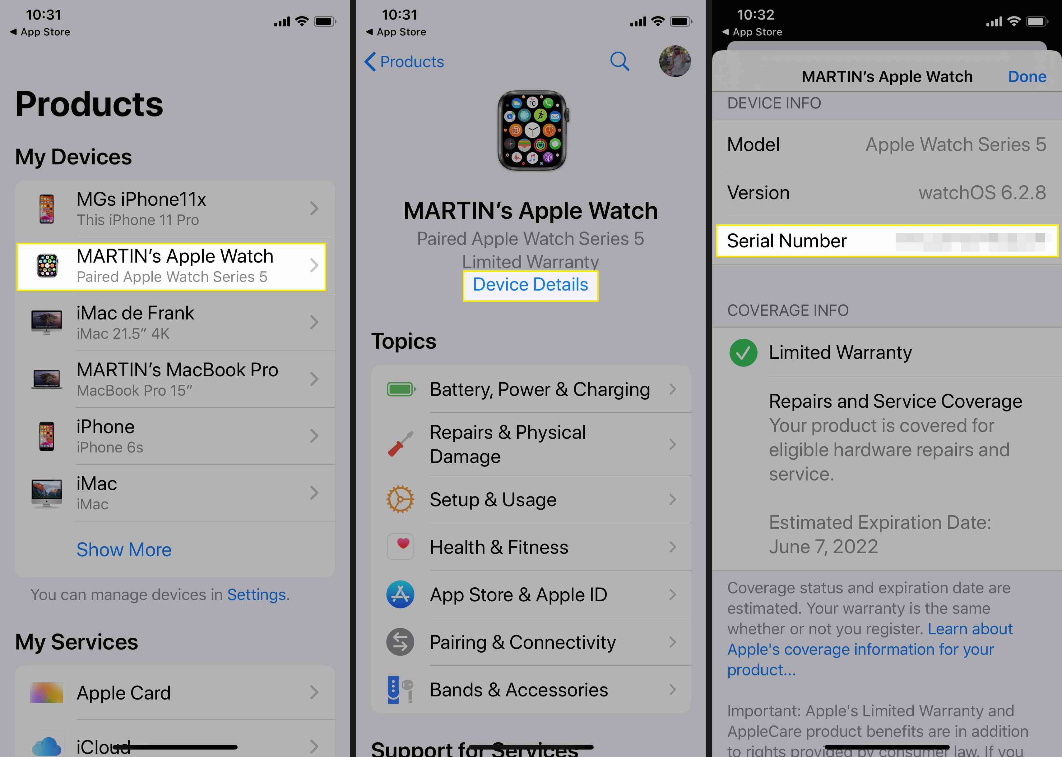 Käytä Apple Support -sovellusta löytääksesi Apple Watchin sarjanumeron