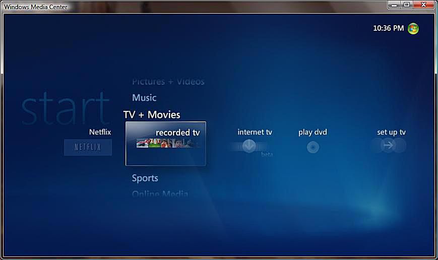 TV + Elokuvat -vaihtoehto Windows Media Centerissä