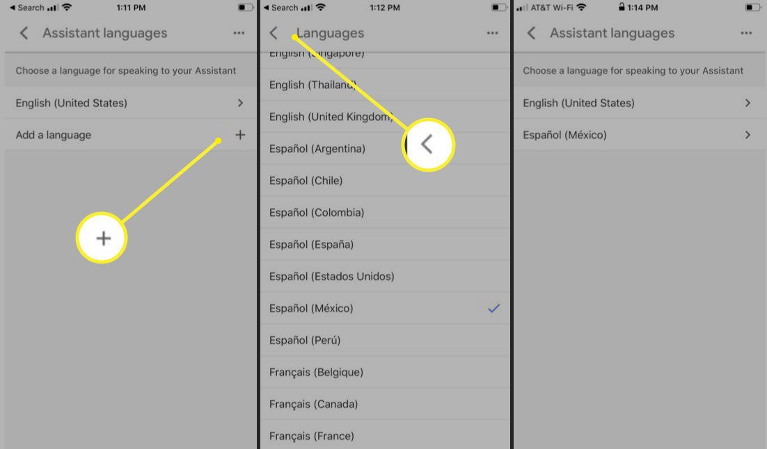 Google Assistantin asetukset, joissa Lisää kieli ja Takaisin-nuoli korostettuna