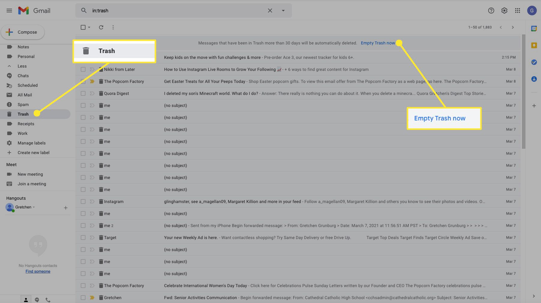 Gmail, jossa Roskakori-kansio ja "Tyhjennä roskakori nyt" -komento korostettuna