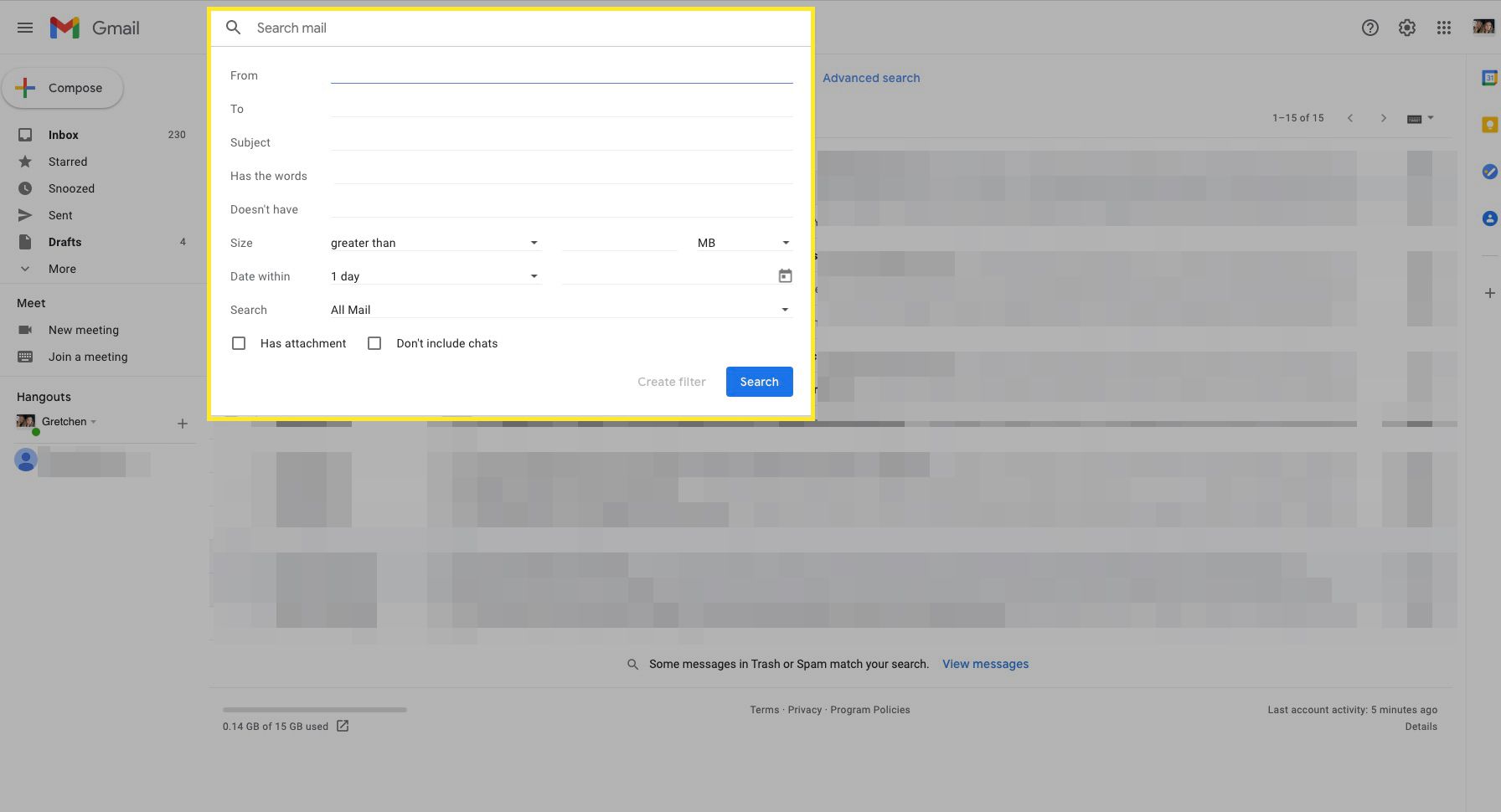 Gmail, jossa hakukenttä on korostettuna