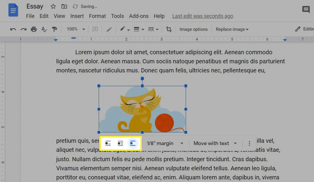 Lisää kuva, joka katkaisee tekstin (joten kuva on omalla rivillään) riville Google Docsissa.