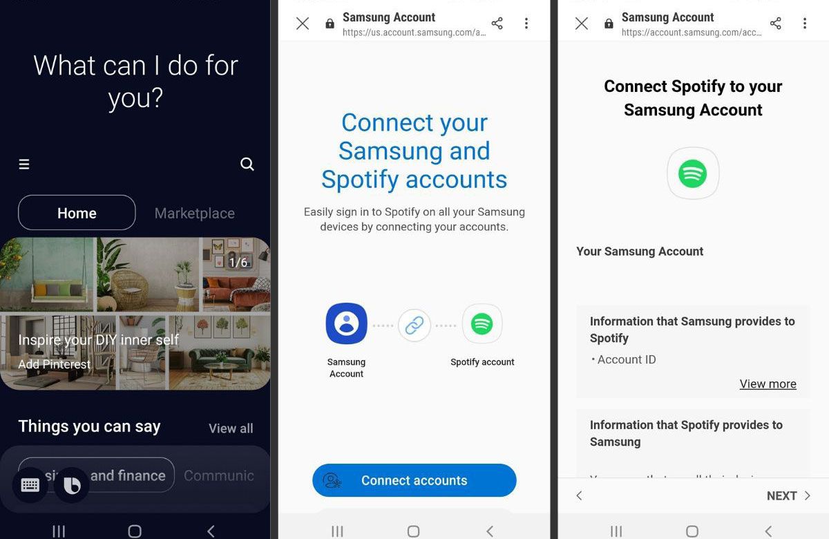 Näyttökaappaukset Samsung-puhelimesta, joissa näytetään, kuinka Bixby ja Spotify yhdistetään