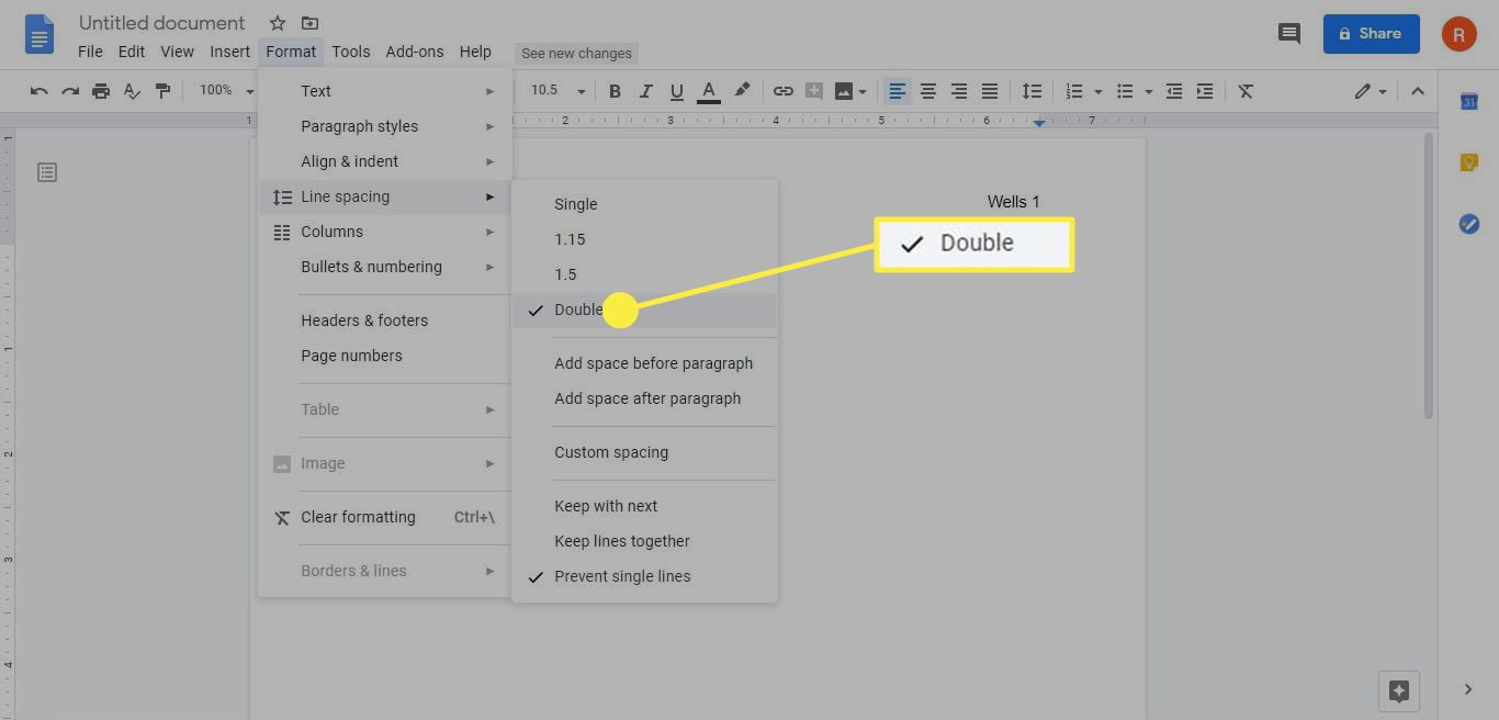 Double Spacing -vaihtoehto Google Docsissa.