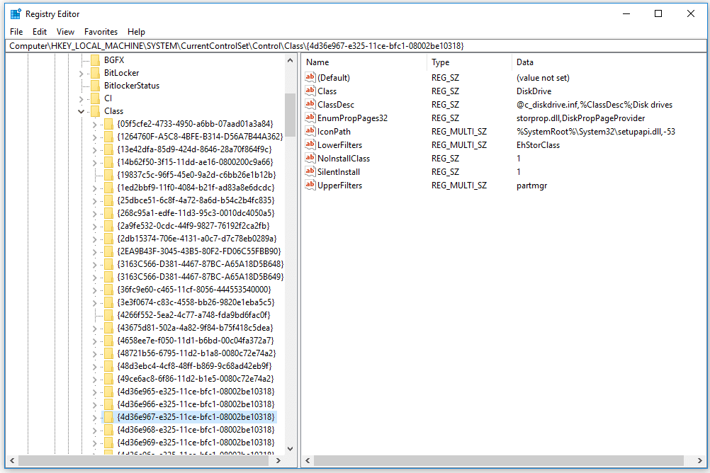 DiskDrive GUID -luokan rekisteriavain Windows 10:ssä