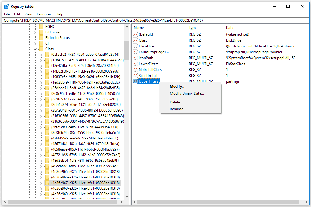 UpperFilters-rekisteriarvon poistaminen Windows 10:ssä