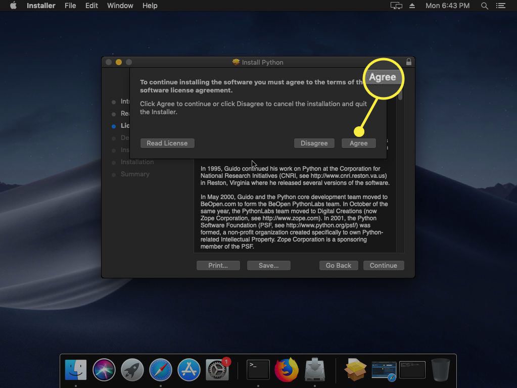 Python macOS -asennusohjelman lisenssinäyttö