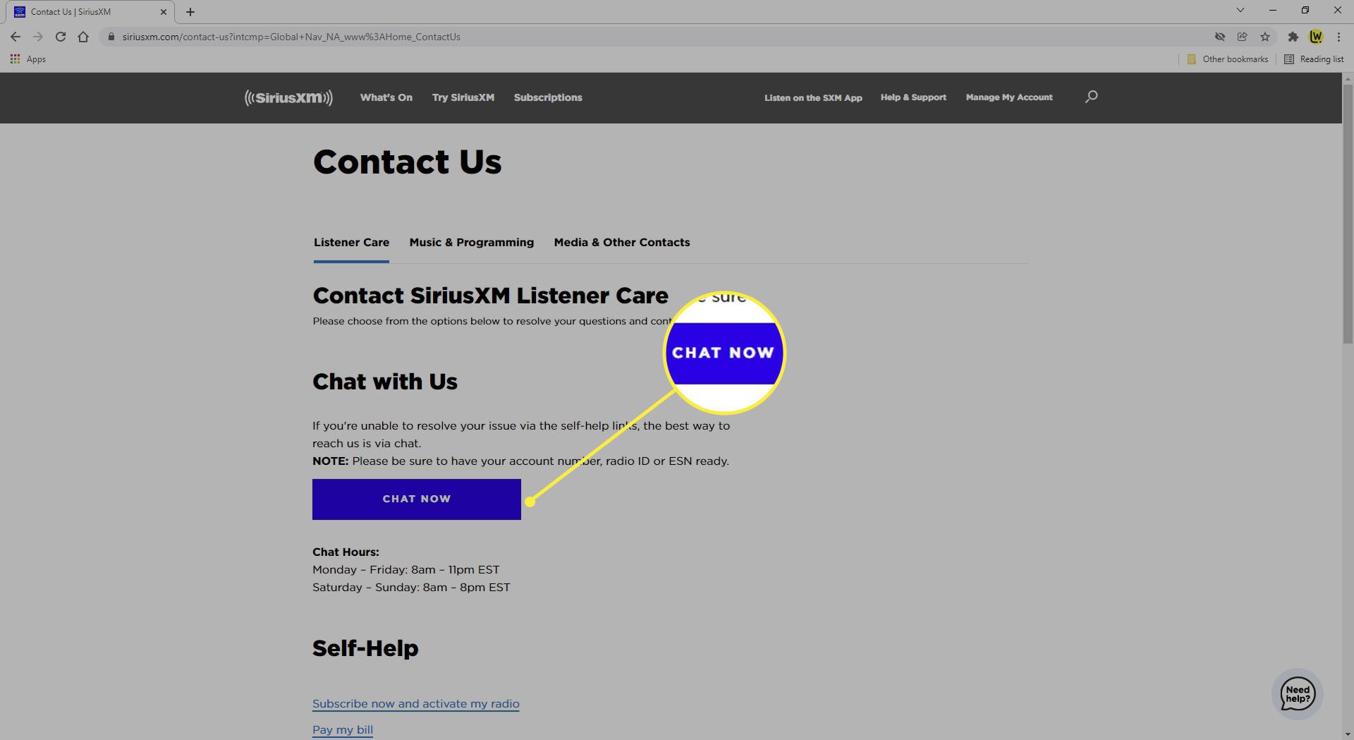 Valitse Chat Now SiriusXM-sivustolla.