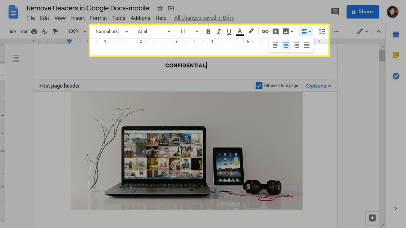 Tekstin muotoilu Google Docs -otsikossa