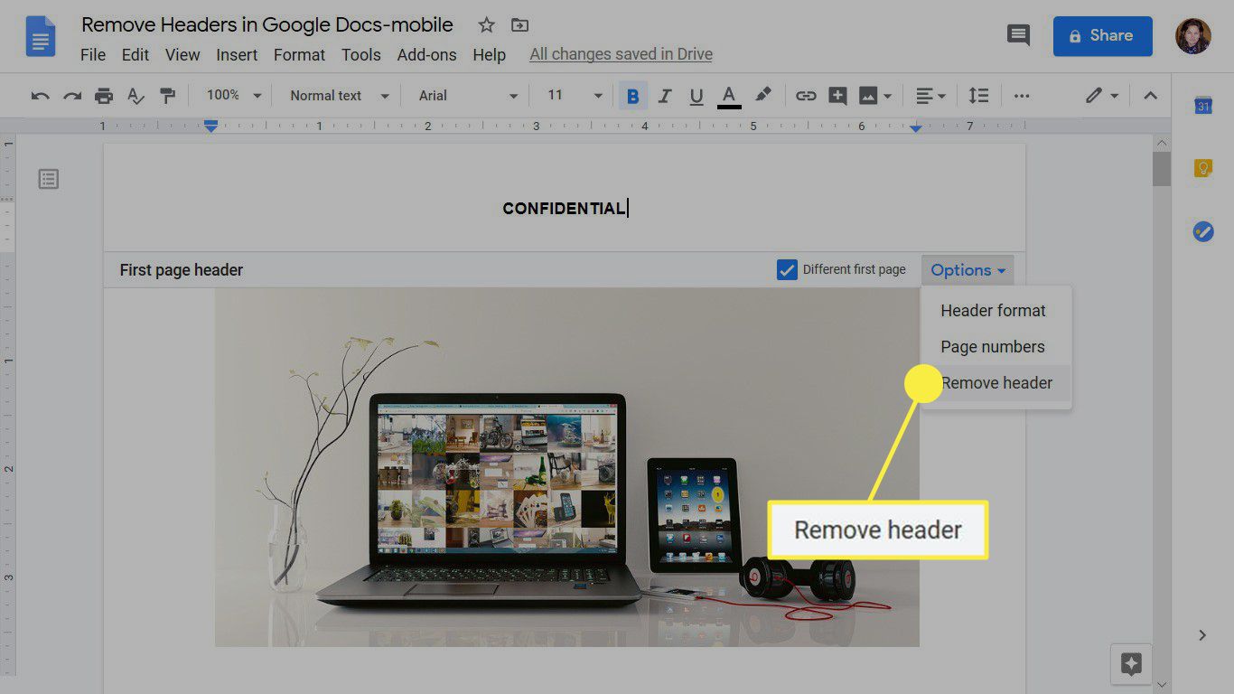 Poista otsikko Google-dokumenttien verkkosovelluksesta