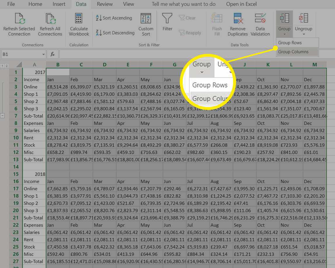 Group Columns -komento Excelissä