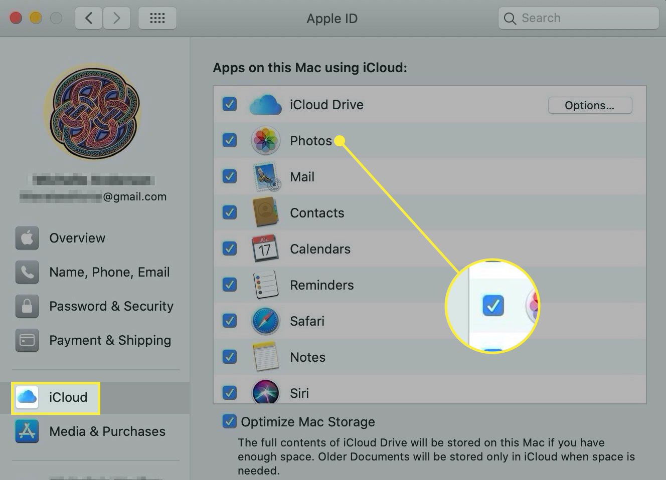 Apple ID -asetukset macOS:ssä, iCloud-otsikko ja Kuvat-vaihtoehto korostettuina