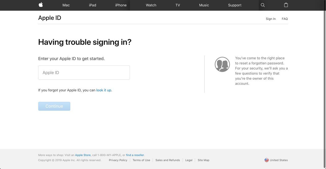 Applen Apple ID -palautussivusto