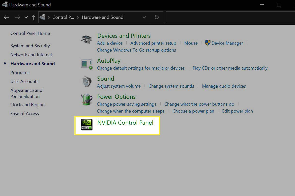 Windowsin Ohjauspaneeli, jossa NVIDIA Control Panel on korostettuna