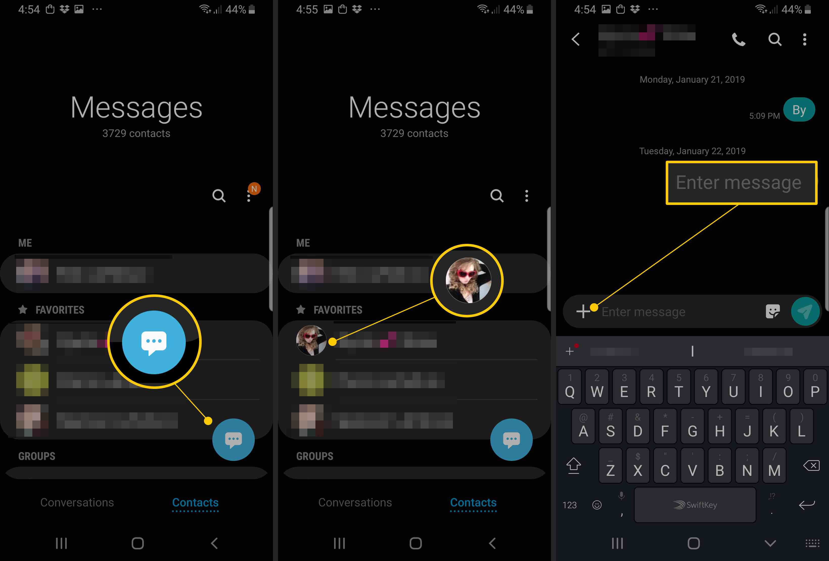 Viestikuvake, Yhteystietokuvake, Kirjoita viestikenttä Samsung Chat -sovelluksessa