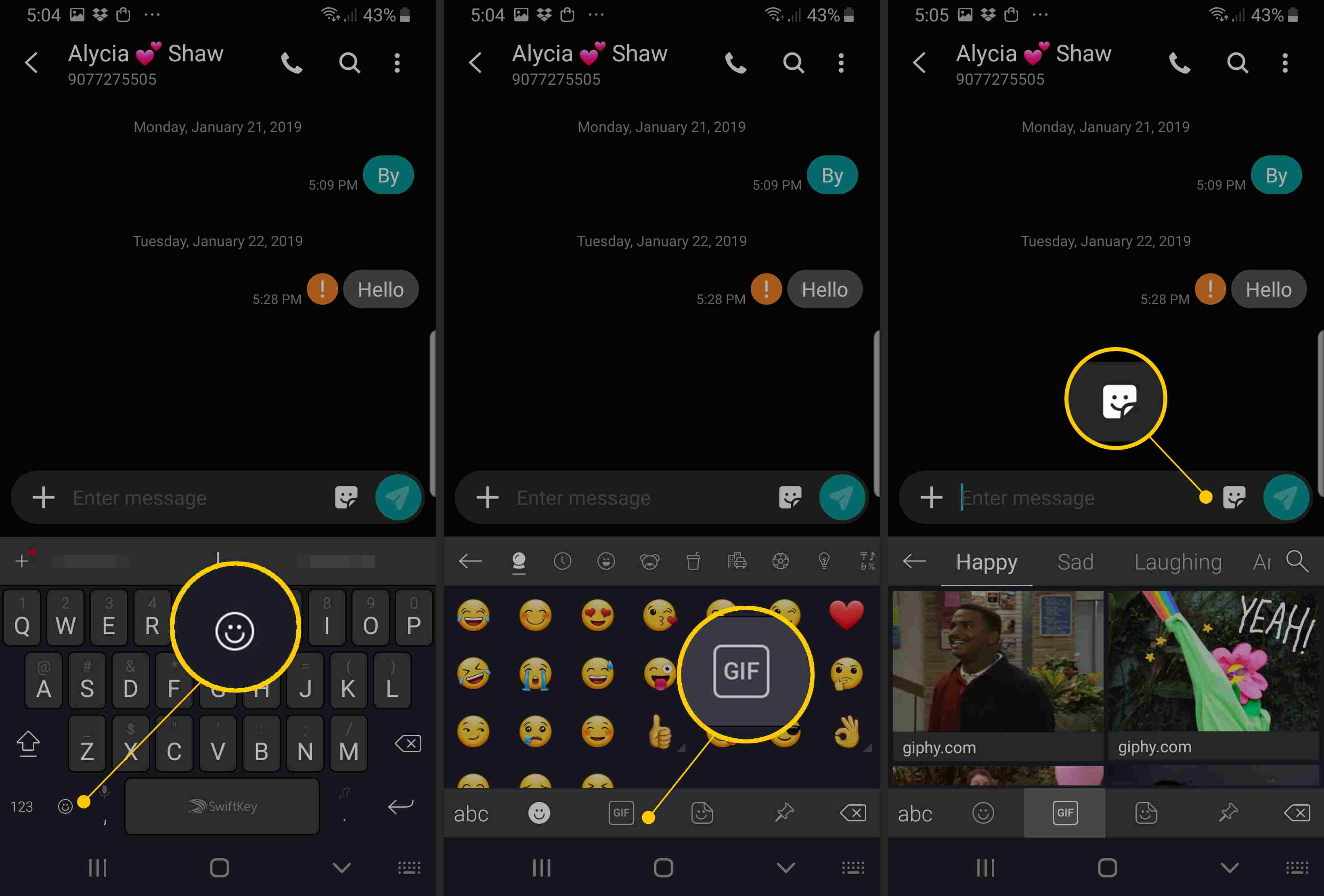 Emoji-, GIF- ja tarrakuvakkeet Samsung Messages -sovelluksessa