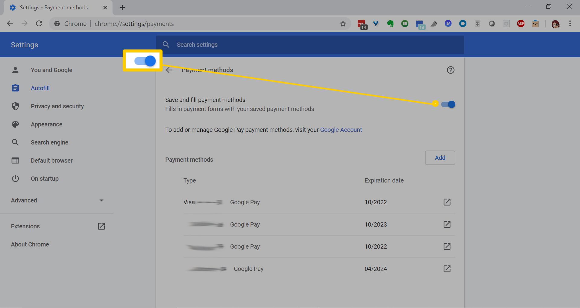 Ota maksutapojen tallentaminen ja täyttäminen käyttöön Chromessa.