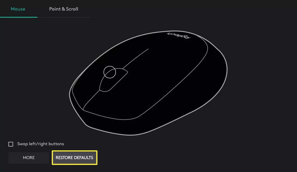 Palauta oletukset -vaihtoehto, joka on korostettu Logitech-hiiren Logitech Options -ohjelmistossa.