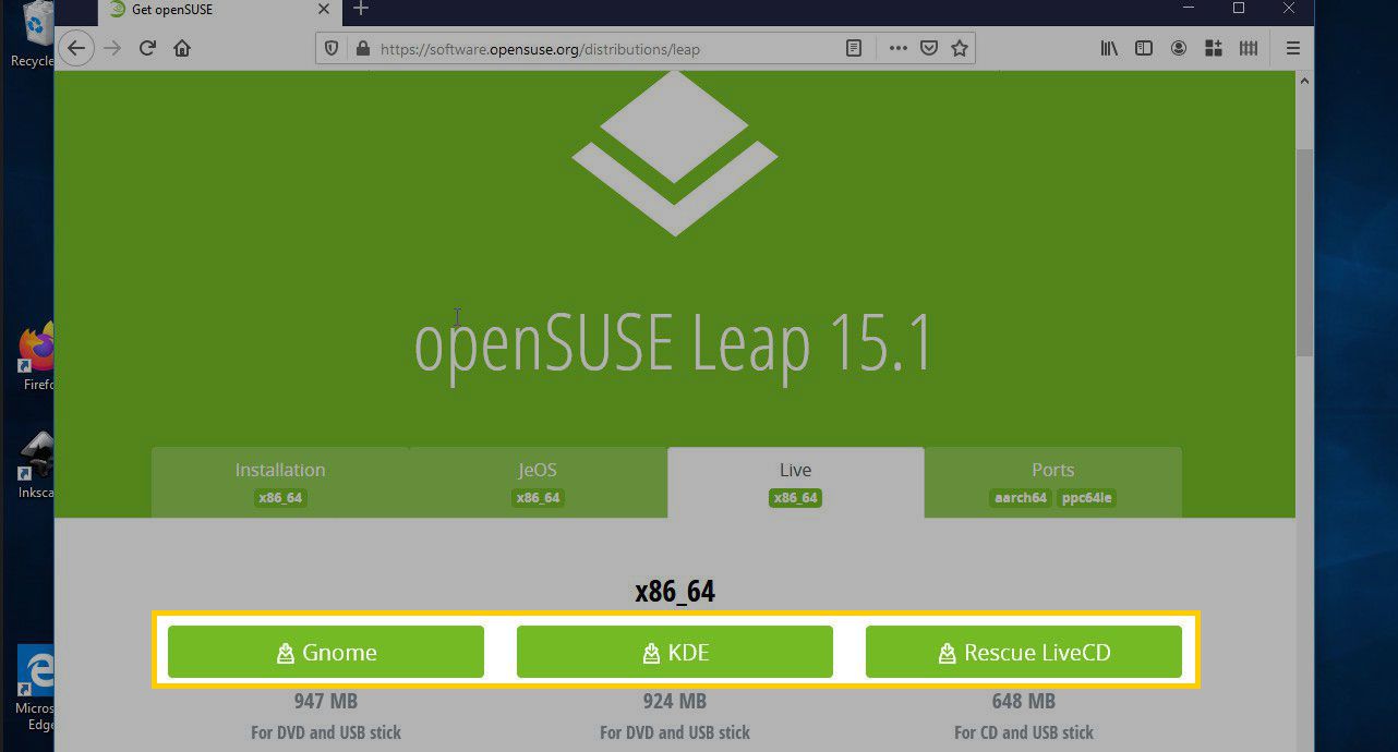 Valinnat openSUSE Leap -verkkosivustolla