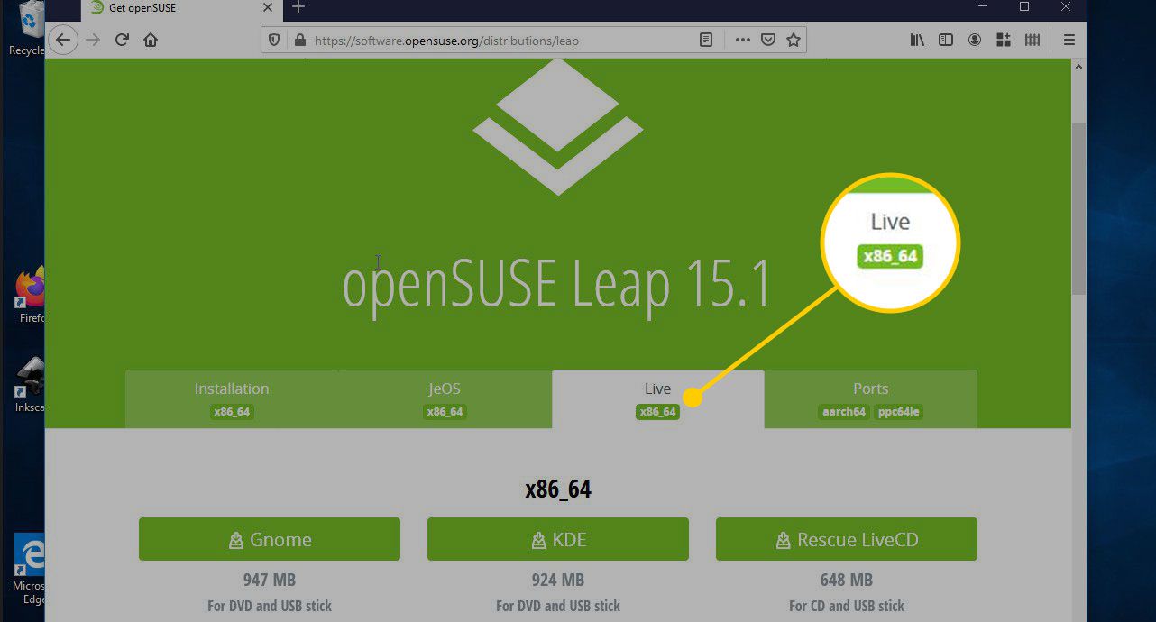 Live-välilehti openSUSE Leap -verkkosivustolla