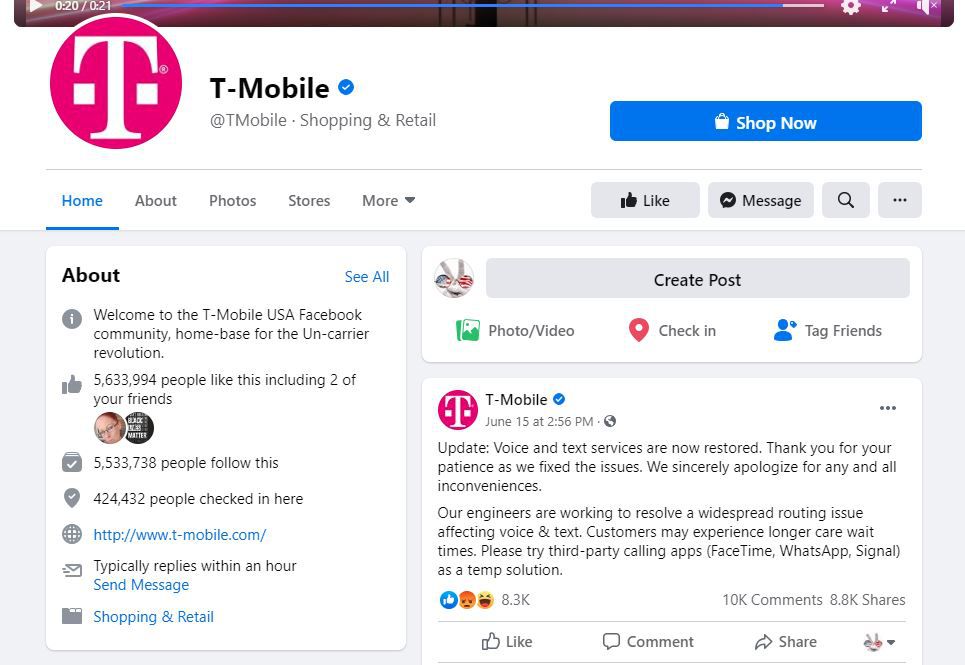 T-Mobilen Facebook-sivu.