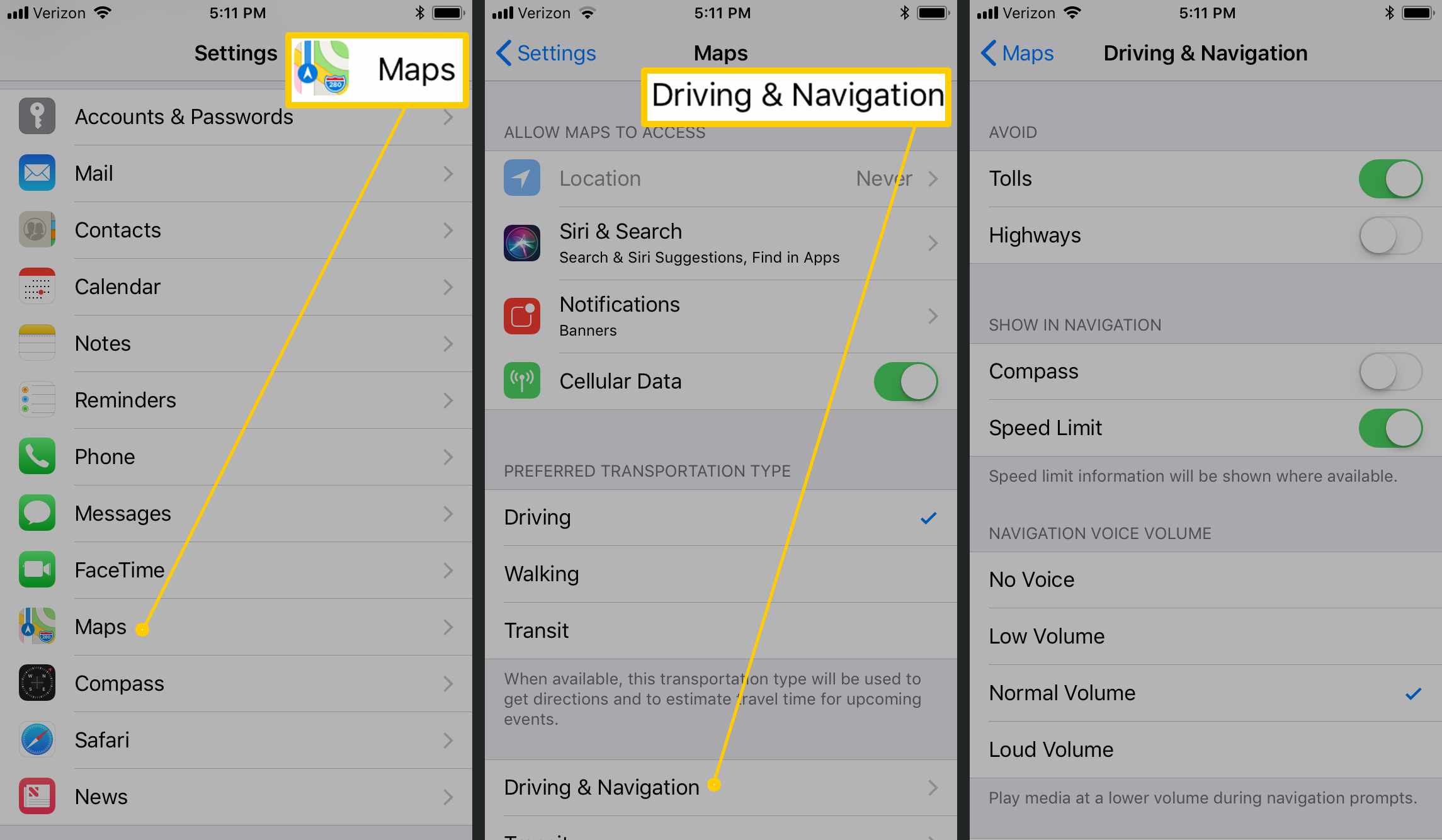 Apple Maps -asetukset.