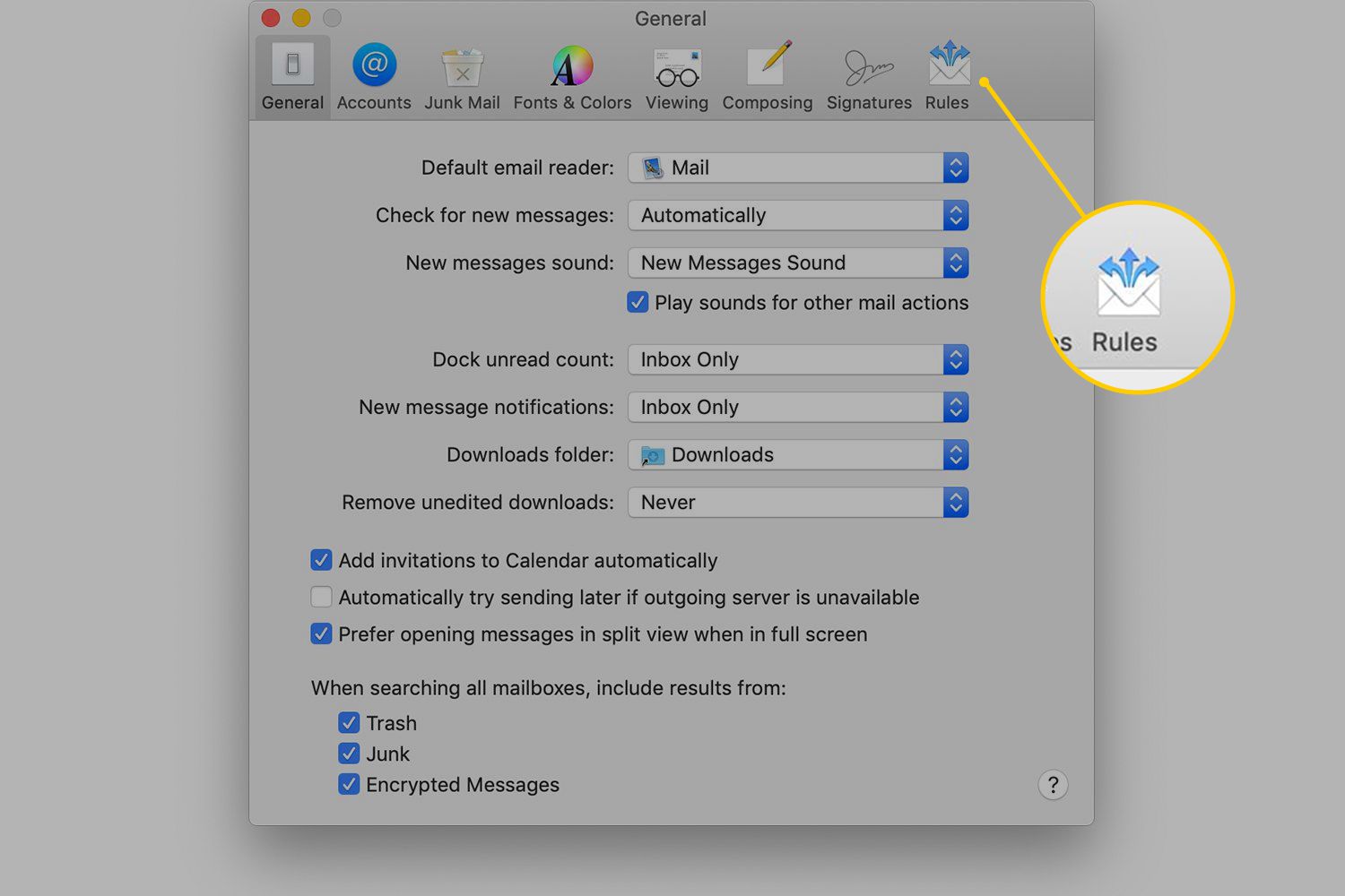 Säännöt-painike macOS Mail -asetuksissa