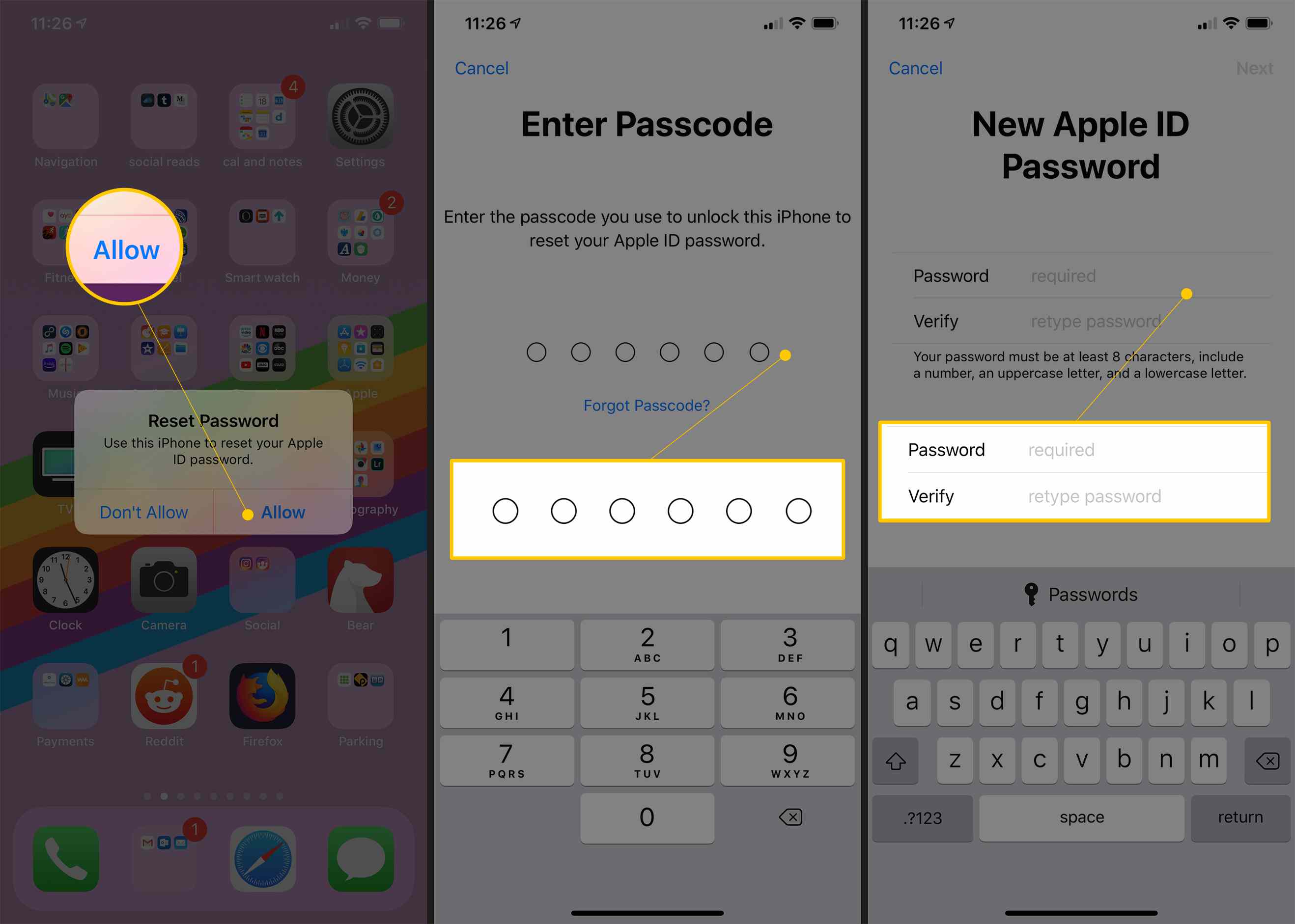 Kolme iOS-näyttöä, joissa näkyvät Allow-, Passcode- ja Password Recovery-näytöt